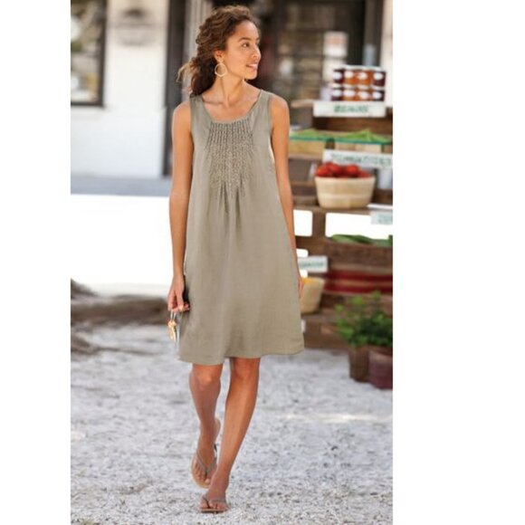 J. Jill Dresses & Skirts - J. Jill Tan Linen Embroidered Pintuck Pleat Shift Dress Women's Size XL Petite